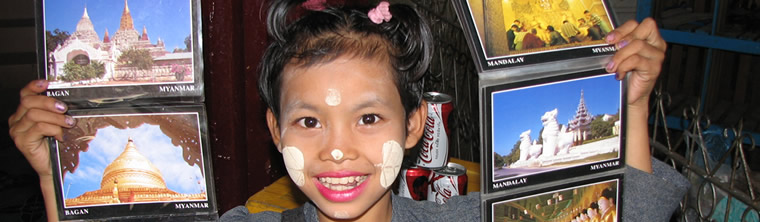 Irresistible postcard seller in Mandalay