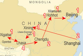 Route map, Tibet % Inner Mongolia Tour