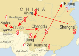 Route map, Tibet & Yunnan Tour